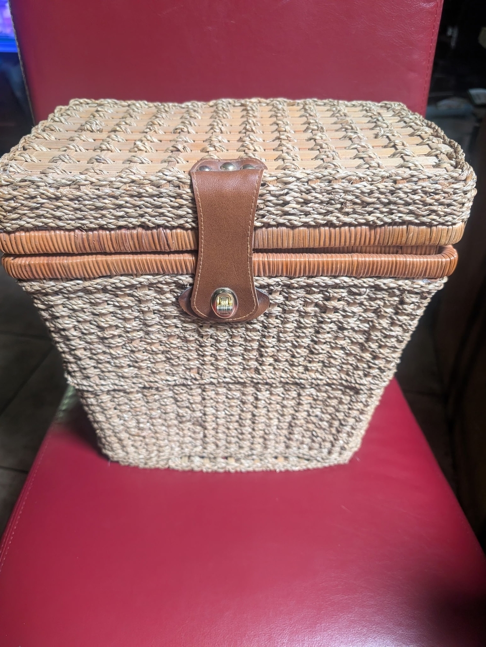 Woven Seagrass Storage or Picnic Basket with Brown Leather Strap